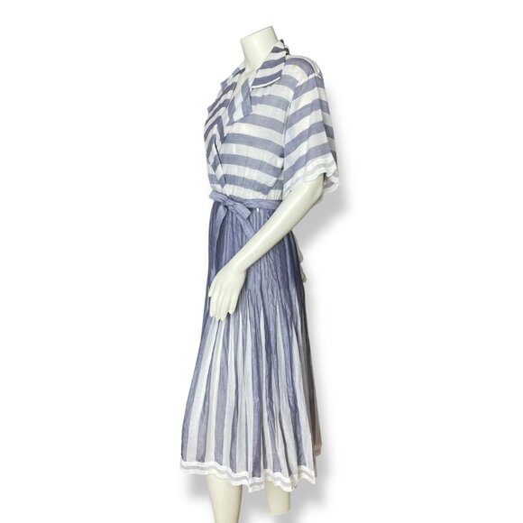 Vintage Albert Nipon Pleated Dress Striped Short Sleeves Tie Belt 1980s Nautical - Picture 14 of 14